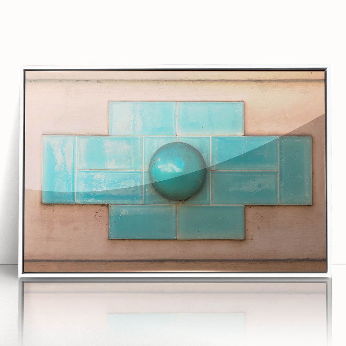 Art deco poster featuring geometric shapes in muted gold and white tones on a framed acrylic, ideal for nursery wall decor.