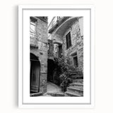 Abstract art print featuring swirling blue and white patterns on a framed canvas, suitable for dining room or bedroom decor.