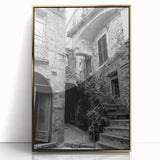 Framed acrylic print featuring a mid-century modernist geometric pattern in muted gold and white.