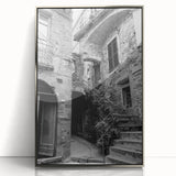 Framed acrylic print of mid-century modernist art featuring geometric shapes in muted colors, ideal for nursery wall art.