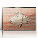 Mid-century modernist art on framed acrylic, featuring geometric shapes in silver and gray tones.