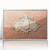 Art deco poster featuring geometric shapes in muted gold and navy, framed acrylic, ideal for nursery wall art.