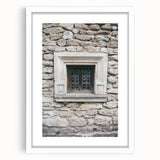 Abstract art print featuring swirling blue and gray tones on a white framed canvas.