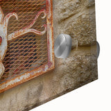 Large abstract wall art in vibrant blue and orange tones on acrylic glass, suitable for dining room ambiance.