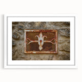 Abstract art print featuring swirling blue and white patterns on a framed canvas, suitable for bedroom or dining room decor.