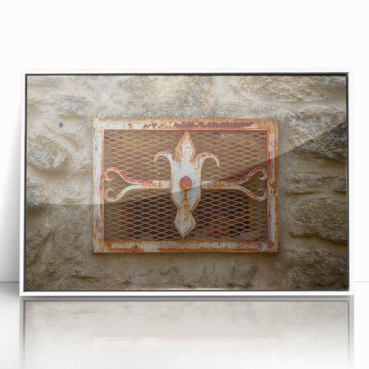 Art Deco style poster featuring geometric shapes in muted gold and navy, framed acrylic, ideal for nursery wall art.