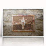 Art Deco style poster featuring geometric shapes in muted gold and navy, framed acrylic, ideal for nursery wall art.