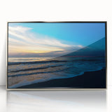 Mid-century modernist art deco poster in acrylic frame, featuring geometric shapes in muted colors.