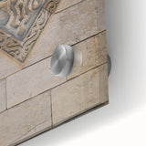 Large abstract wall art print in vibrant orange and blue hues on acrylic glass, suitable for dining room ambiance.