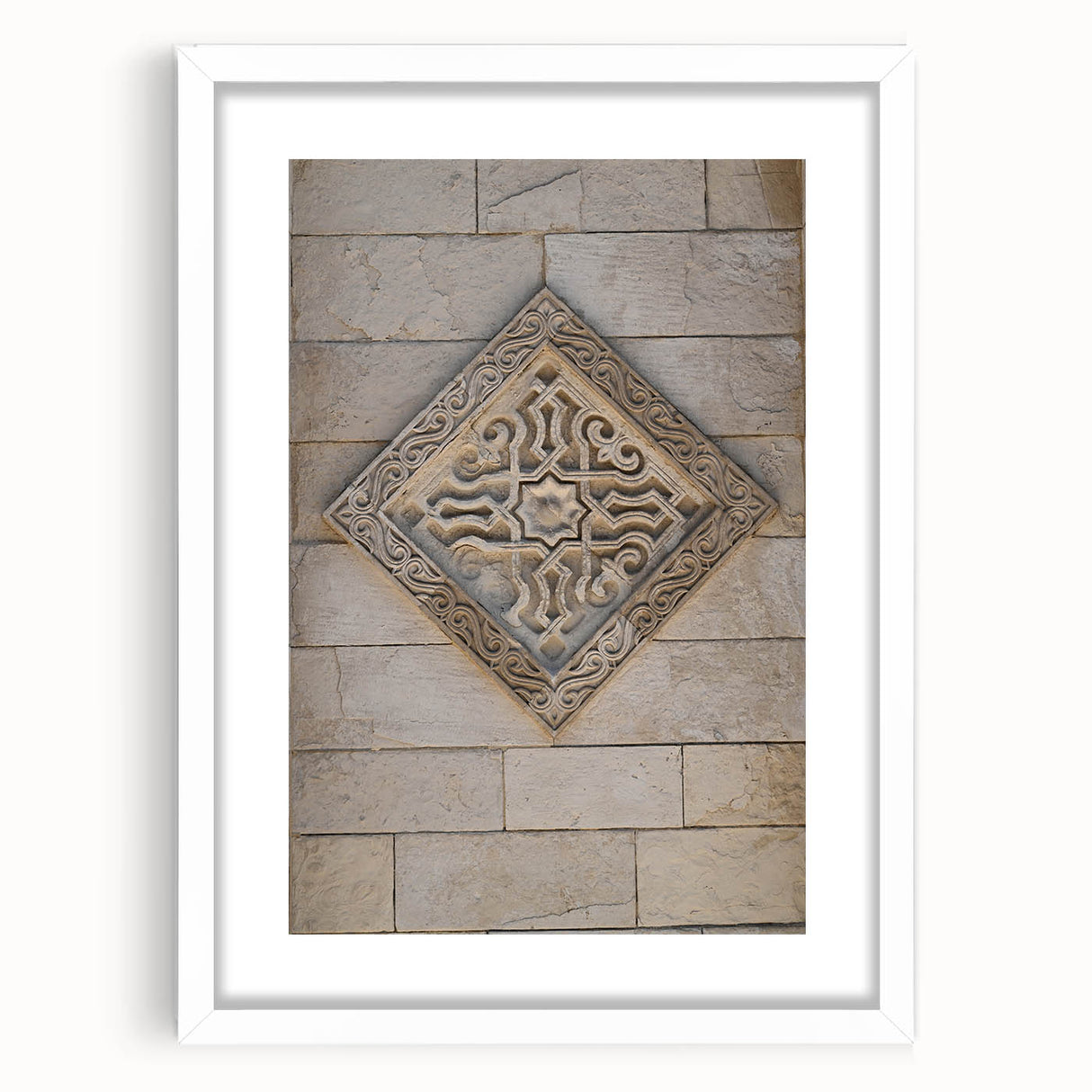 Abstract art print featuring swirling blue and gray tones on a white framed canvas.
