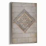 Framed canvas of a vintage-style landscape painting with colorful elements on a black background.