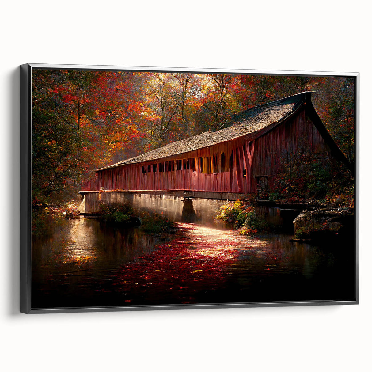 Black and white framed canvas of a vintage landscape painting, ideal for bedroom wall art.
