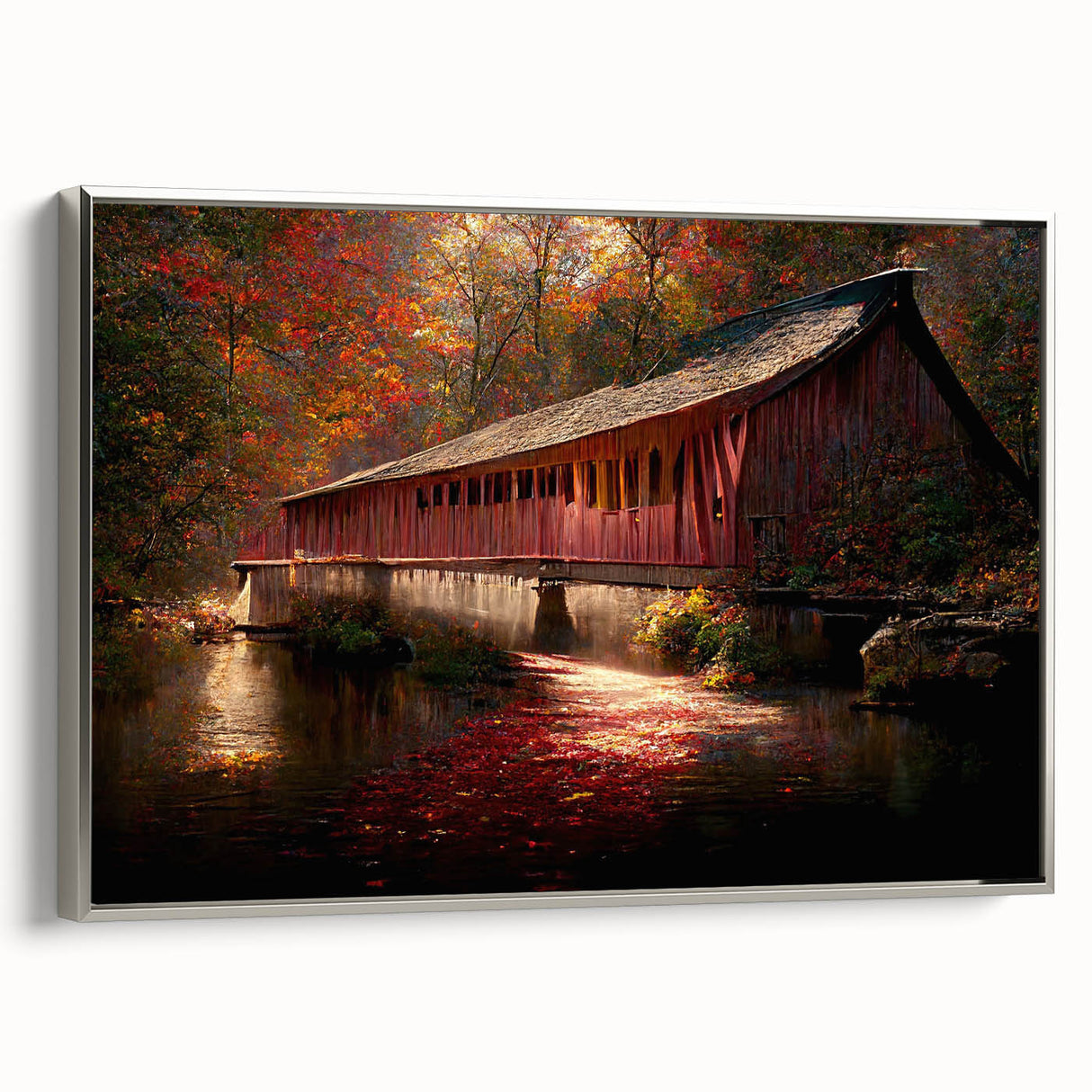Framed canvas landscape painting featuring a vintage poster design in black with colorful accents, ideal for office decor.