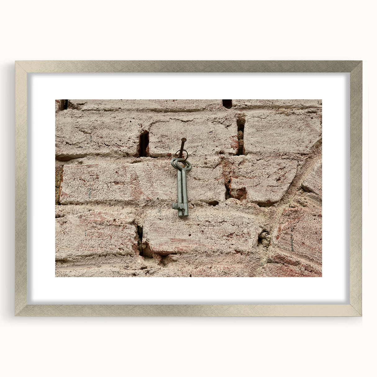 Textured abstract art print in muted gray and blue tones on framed canvas, suitable for modern bedroom decor.
