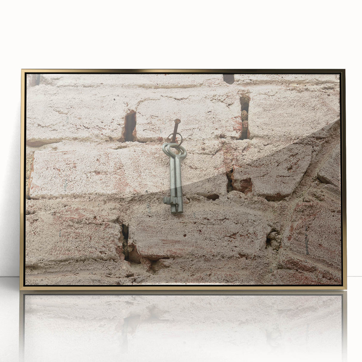 Large art print of a mid-century modernist acrylic painting in gold and teal tones, framed.