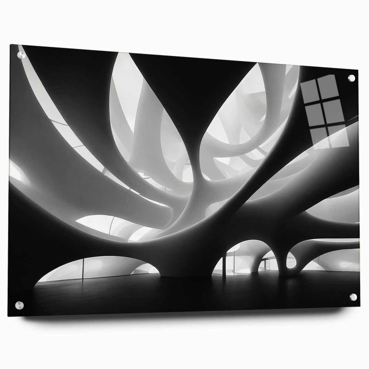 Large abstract wall art on acrylic glass featuring swirling blue and gray tones, suitable for bedroom or dining room decor.