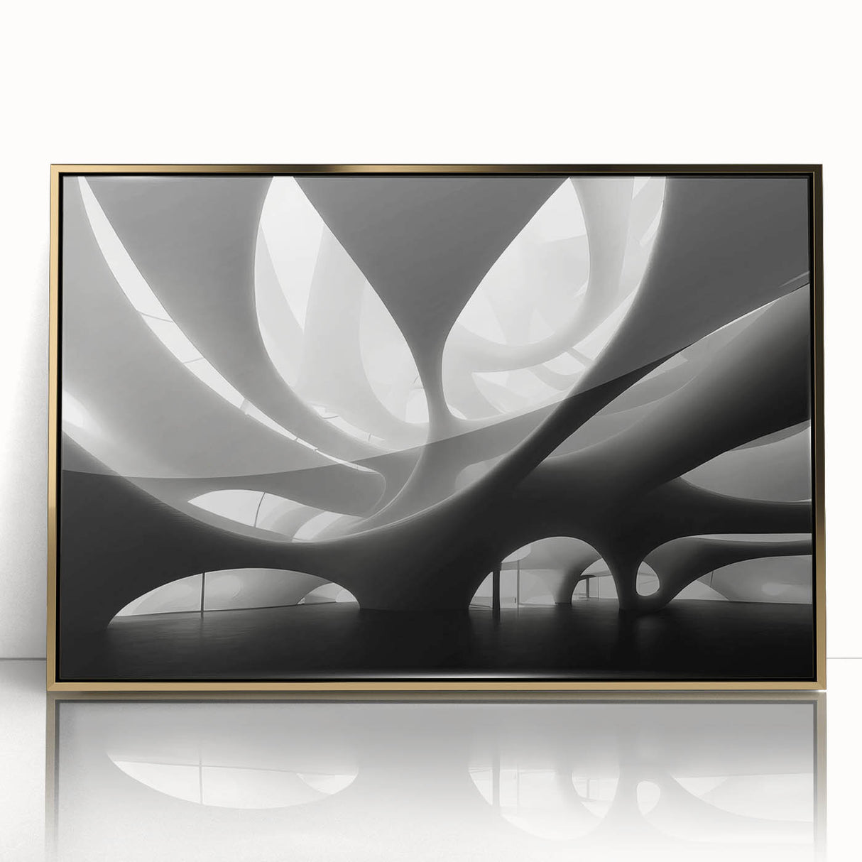 Framed acrylic print of a mid-century modernist art deco poster featuring geometric shapes in gold and black tones.