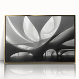 Framed acrylic print of a mid-century modernist art deco poster featuring geometric shapes in gold and black tones.