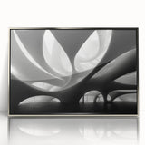 Framed acrylic print of an art deco poster with geometric patterns in silver and gray tones.