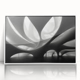 Framed acrylic print of a mid-century modernist cityscape in muted gray and blue tones, ideal for modern art wall decor.