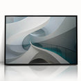 Large abstract wall art on acrylic, featuring swirling blue and gray tones, in a mid-century modernist style.