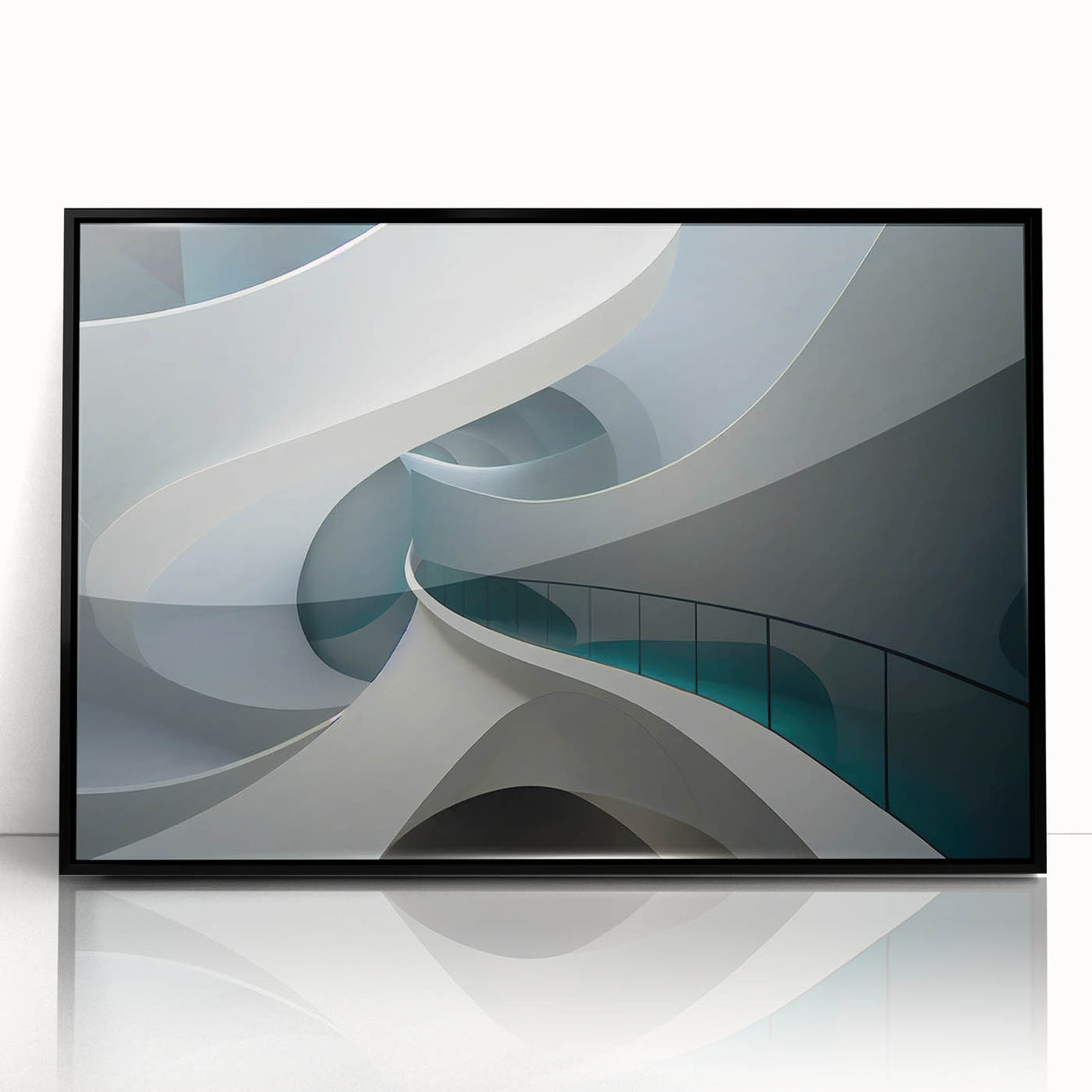 Large abstract wall art on acrylic, featuring swirling blue and gray tones, in a mid-century modernist style.