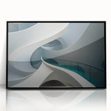 Large abstract wall art on acrylic, featuring swirling blue and gray tones, in a mid-century modernist style.