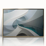 Mid-century modernist art depicting geometric shapes in gold and teal tones on a framed acrylic print.