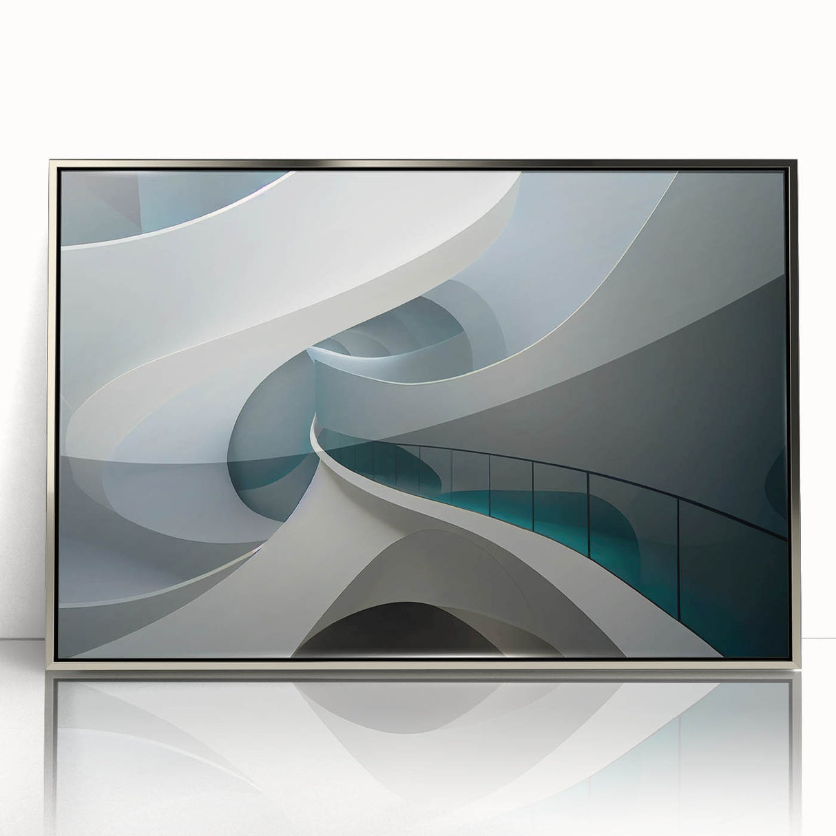 Framed acrylic print of an art deco poster featuring geometric patterns in silver and black.