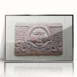 Mid-century modernist art poster depicting geometric shapes in muted blues and greens, framed in silver acrylic.