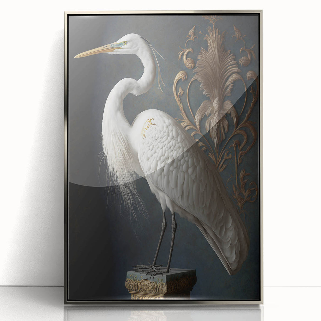 Framed acrylic artwork depicting a modern silver abstract design, showcasing reflective qualities and sleek lines, perfect for contemporary home decor.