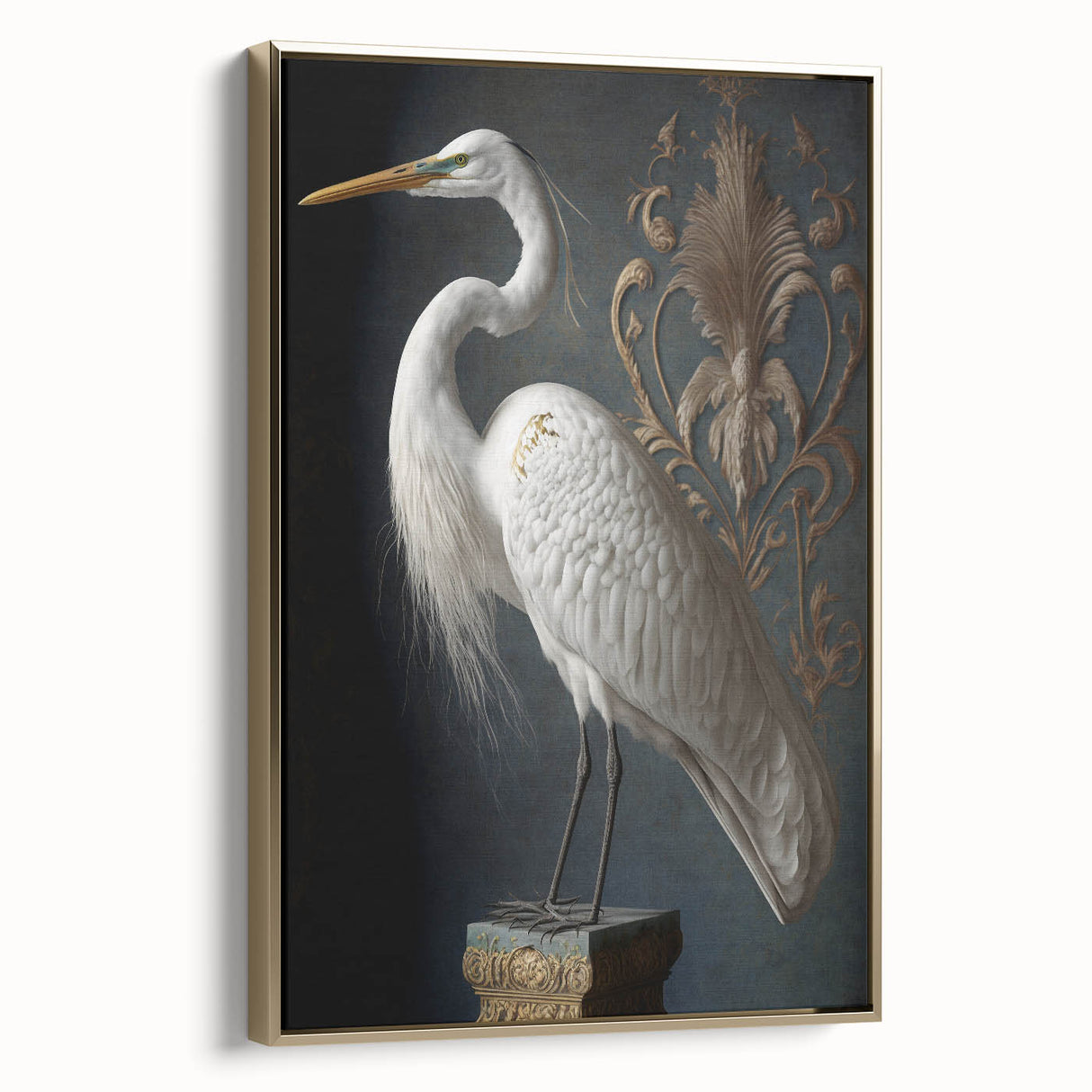 Framed canvas artwork showcasing an elegant gold side view, perfect for enhancing home decor. Ideal for art collectors and interior design enthusiasts, the piece adds a touch of sophistication to any room.