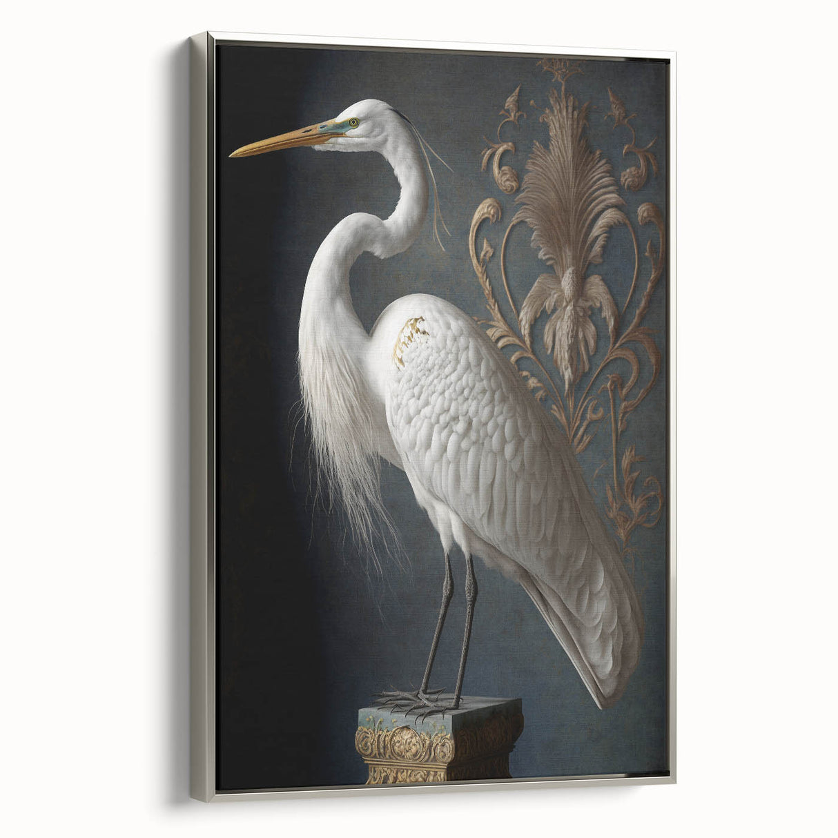 Framed canvas print showcasing a modern abstract design with vibrant colors, displayed from a silver side view, perfect for contemporary home decor.