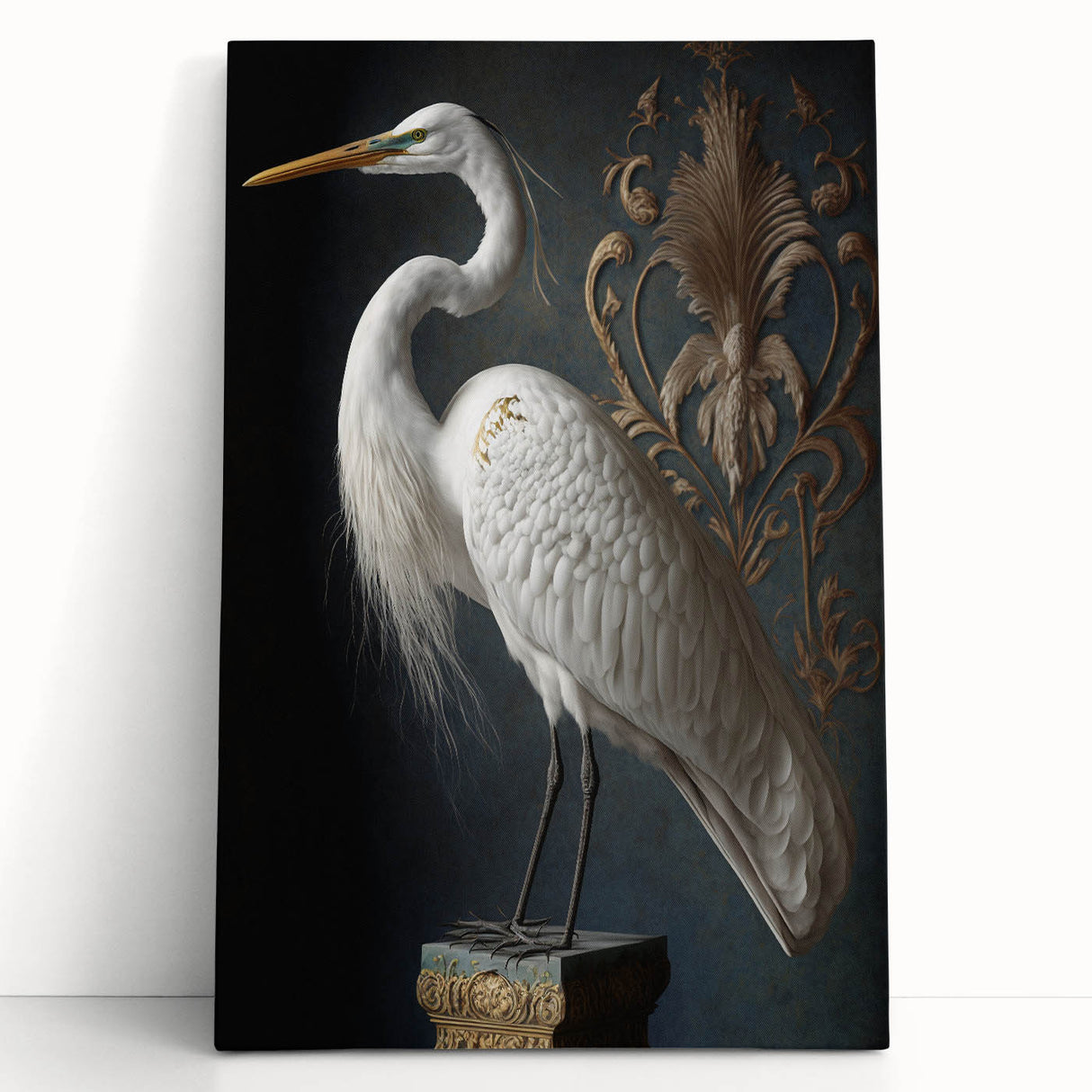 Stretched canvas artwork of a serene landscape with vibrant colors, leaning against a textured wall, ideal for home decor, creating a calming atmosphere in any room.