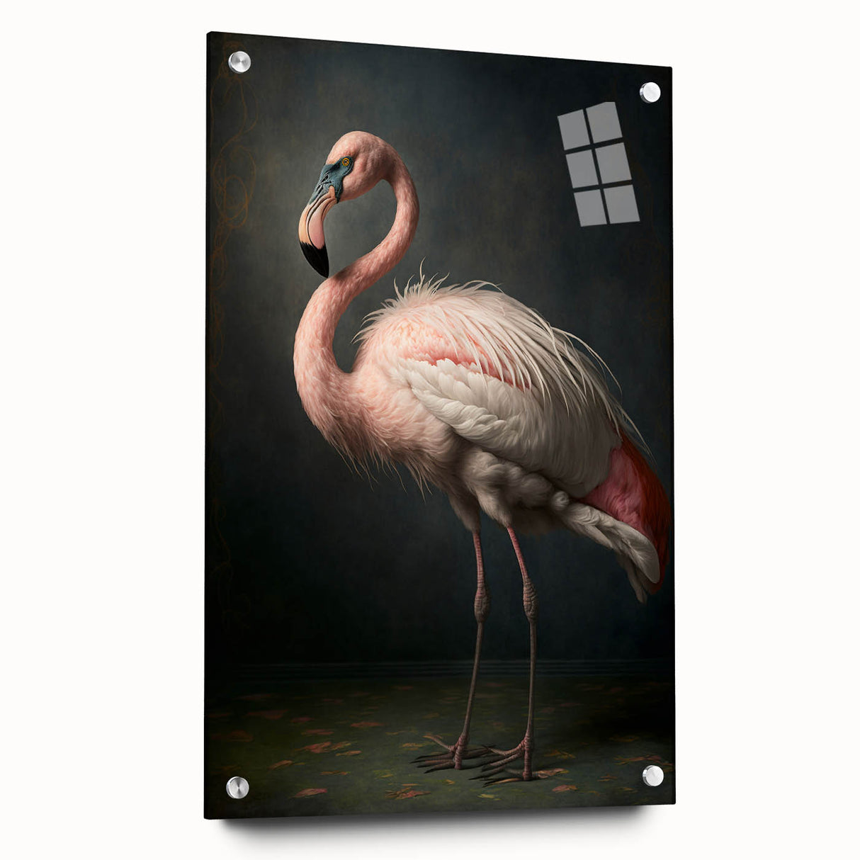 Side view of a clear acrylic glass panel with metal pins for mounting, showcasing its sleek design and reflective surface, ideal for modern decor or art display.