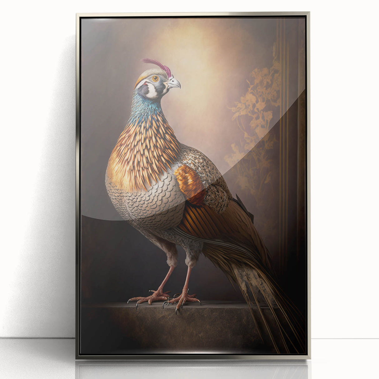 Framed acrylic art print showcasing a silver abstract design, elegantly displayed from the front view, perfect for modern home decor or office aesthetics.