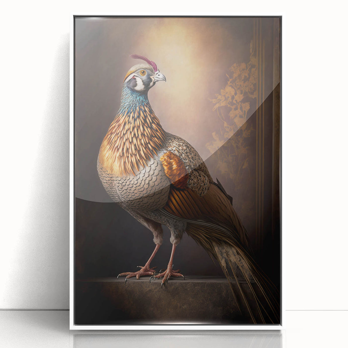 Framed acrylic artwork depicting a serene landscape with vibrant colors, showcasing a white frame and clear glass front for an elegant presentation.