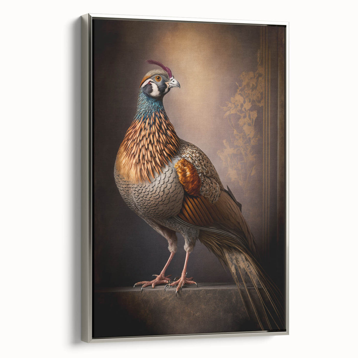 Framed canvas print showcasing a stunning silver side view with intricate abstract artwork, perfect for modern home decor and enhancing interior aesthetics.
