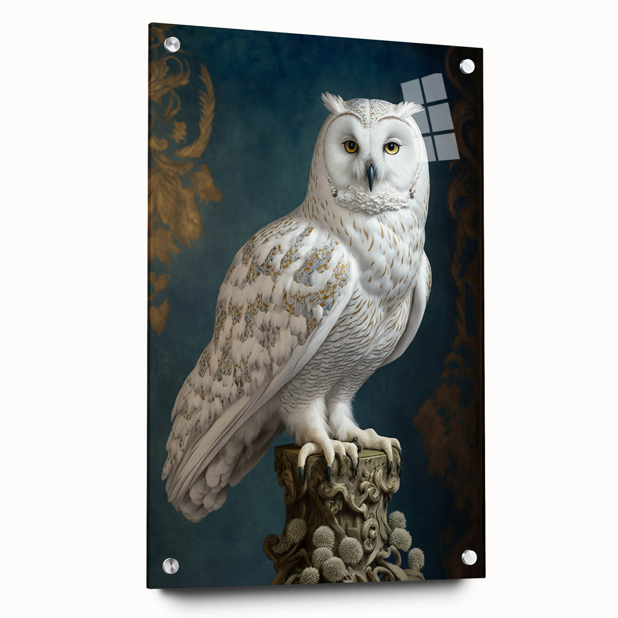 Acrylic glass panel showcasing a side view with polished edges and stainless steel pins for mounting, ideal for modern interior decor and artwork display.