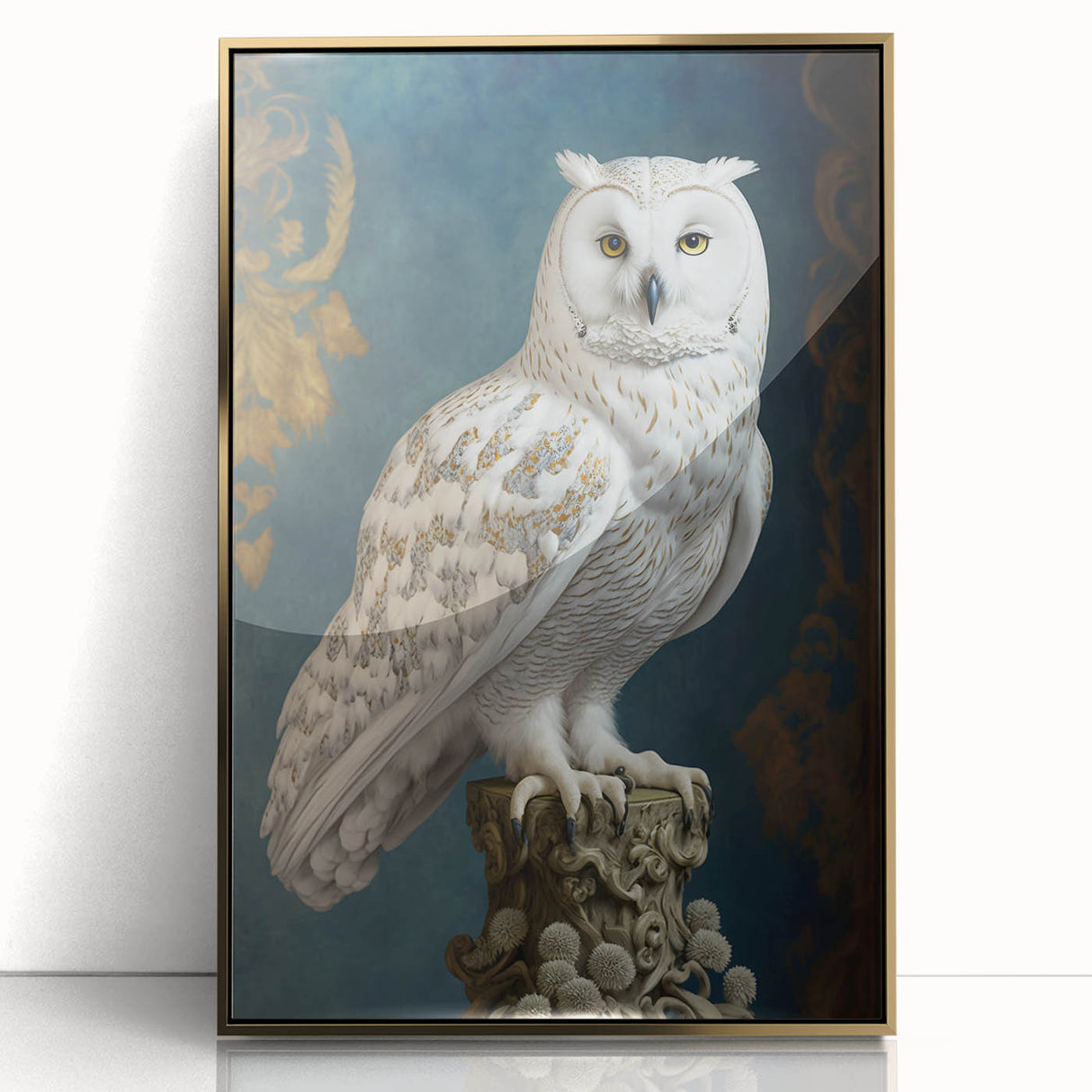 Framed acrylic painting showcasing an abstract gold design, featuring a sleek front view that highlights its elegant finish and modern aesthetic, perfect for contemporary decor.