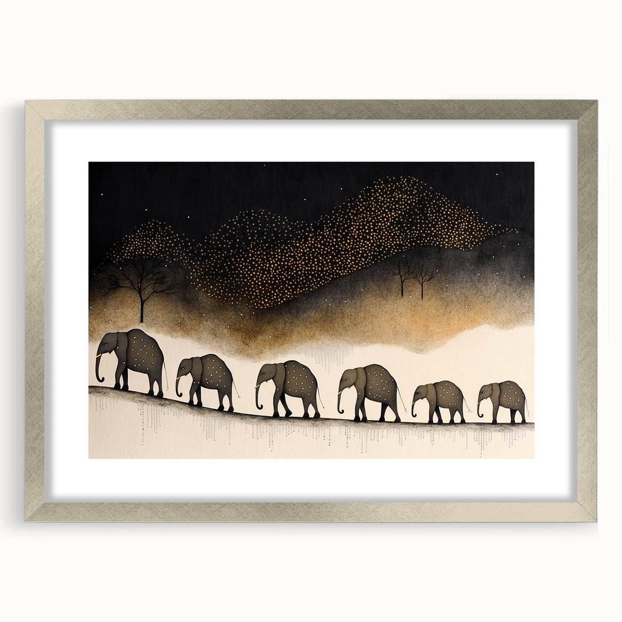 Elegant silver frame with a white mat, showcasing a vibrant artwork in a front view. Ideal for home decor or gallery display, adding a touch of sophistication.