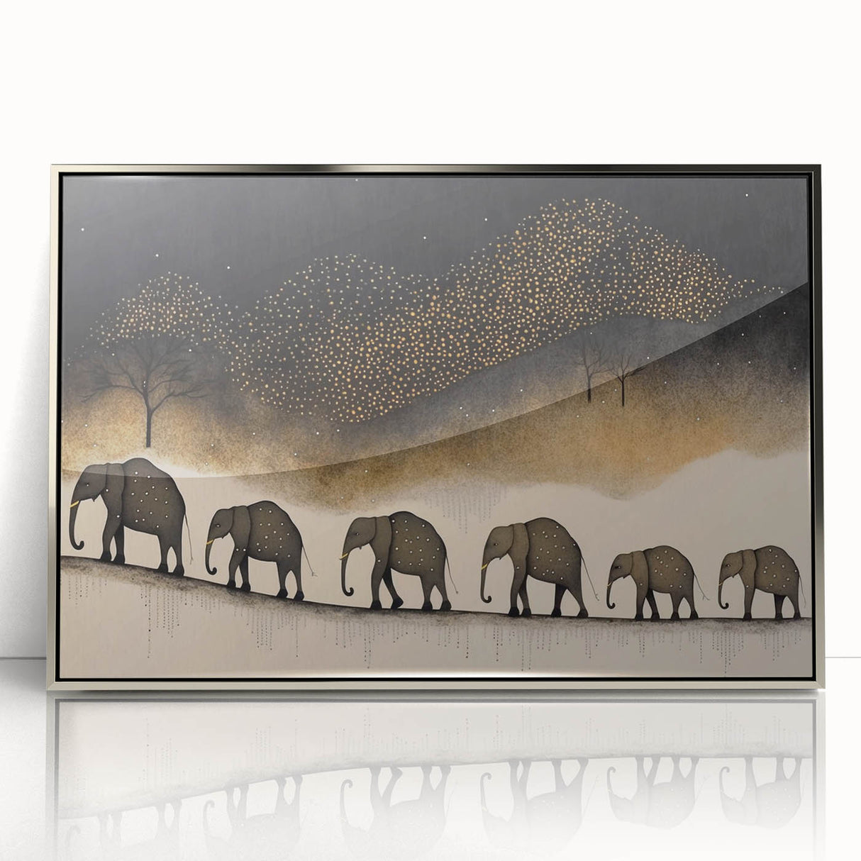 Framed acrylic silver artwork showcasing an elegant abstract design, displayed from the front view, perfect for modern home decor and art enthusiasts.