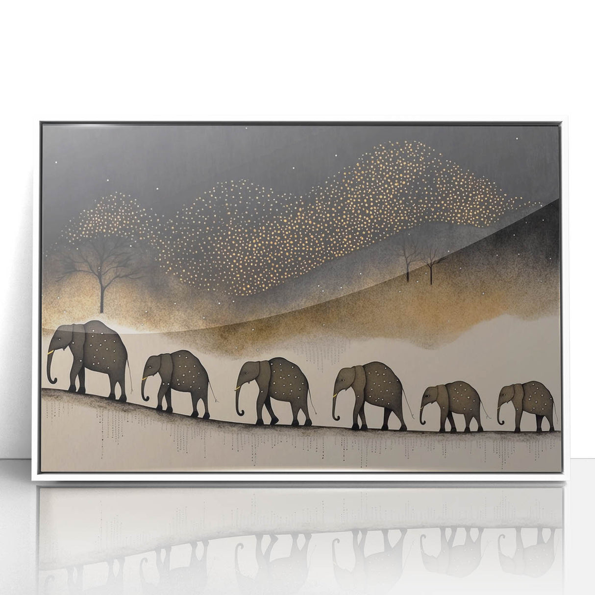 Framed acrylic print showcasing a serene mountain landscape with vibrant colors, positioned against a white background, ideal for modern home decor or office settings.