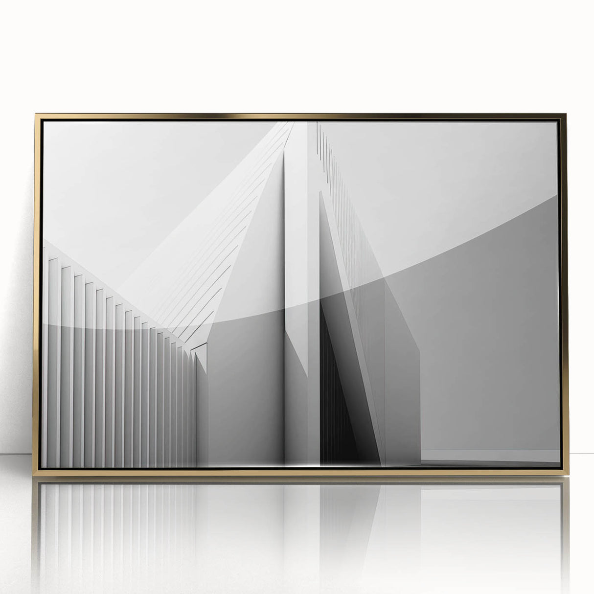 Mid-century modernist art deco poster featuring geometric shapes in gold and black, framed acrylic.
