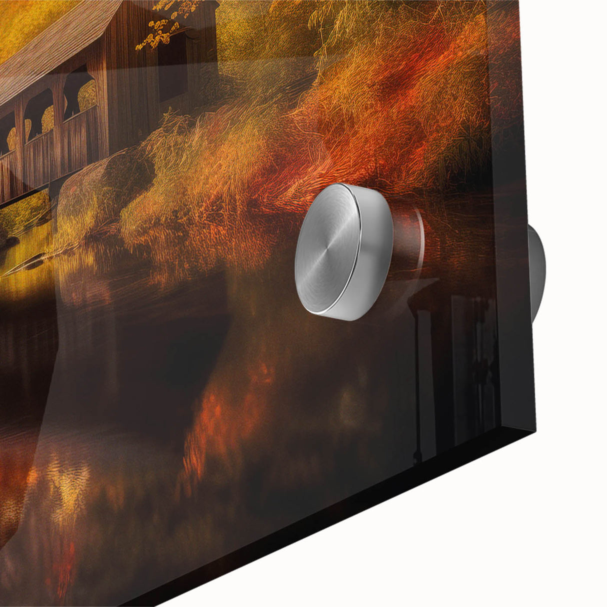Large abstract wall art in blue and orange tones on acrylic, ideal for dining room art in a mid-century modernist style.