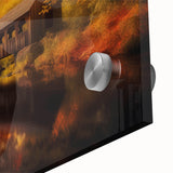 Large abstract wall art in blue and orange tones on acrylic, ideal for dining room art in a mid-century modernist style.