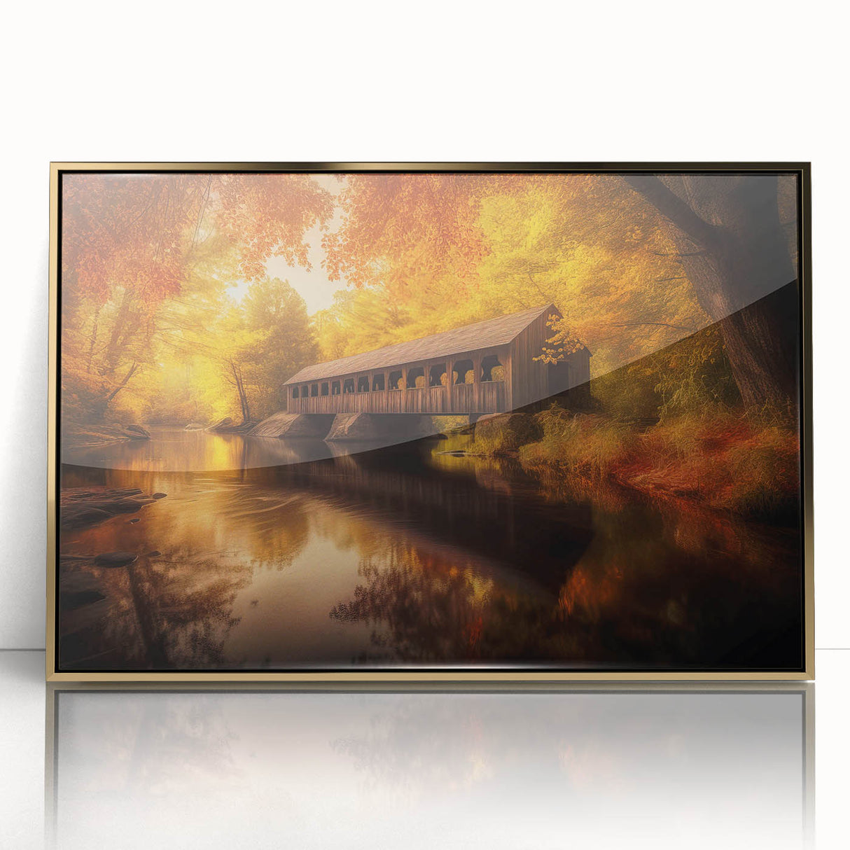Large acrylic print of a mid-century modernist abstract design in gold and white tones, suitable for modern art wall decor.