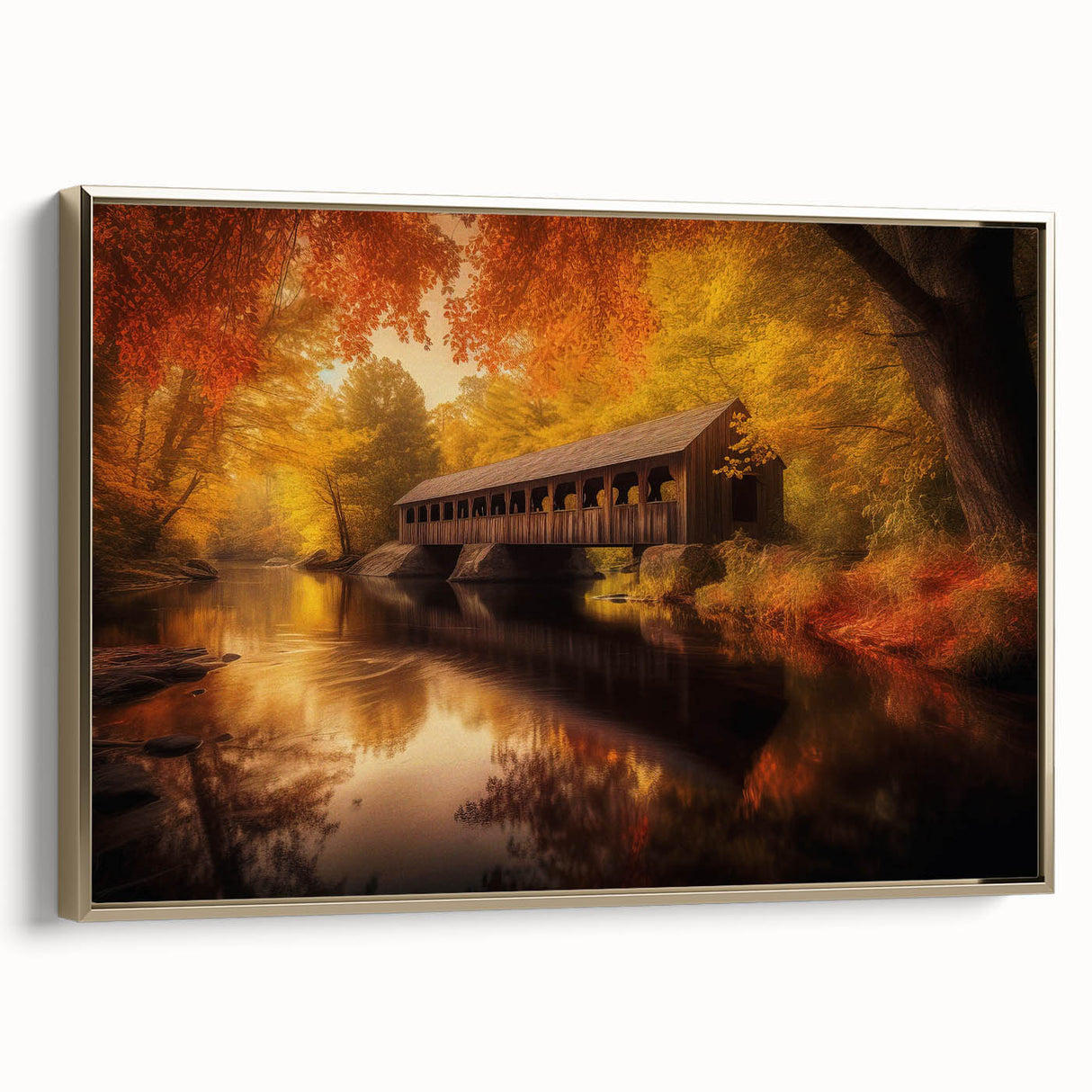Framed canvas featuring a vintage black and gold landscape painting, ideal for bedroom wall art.