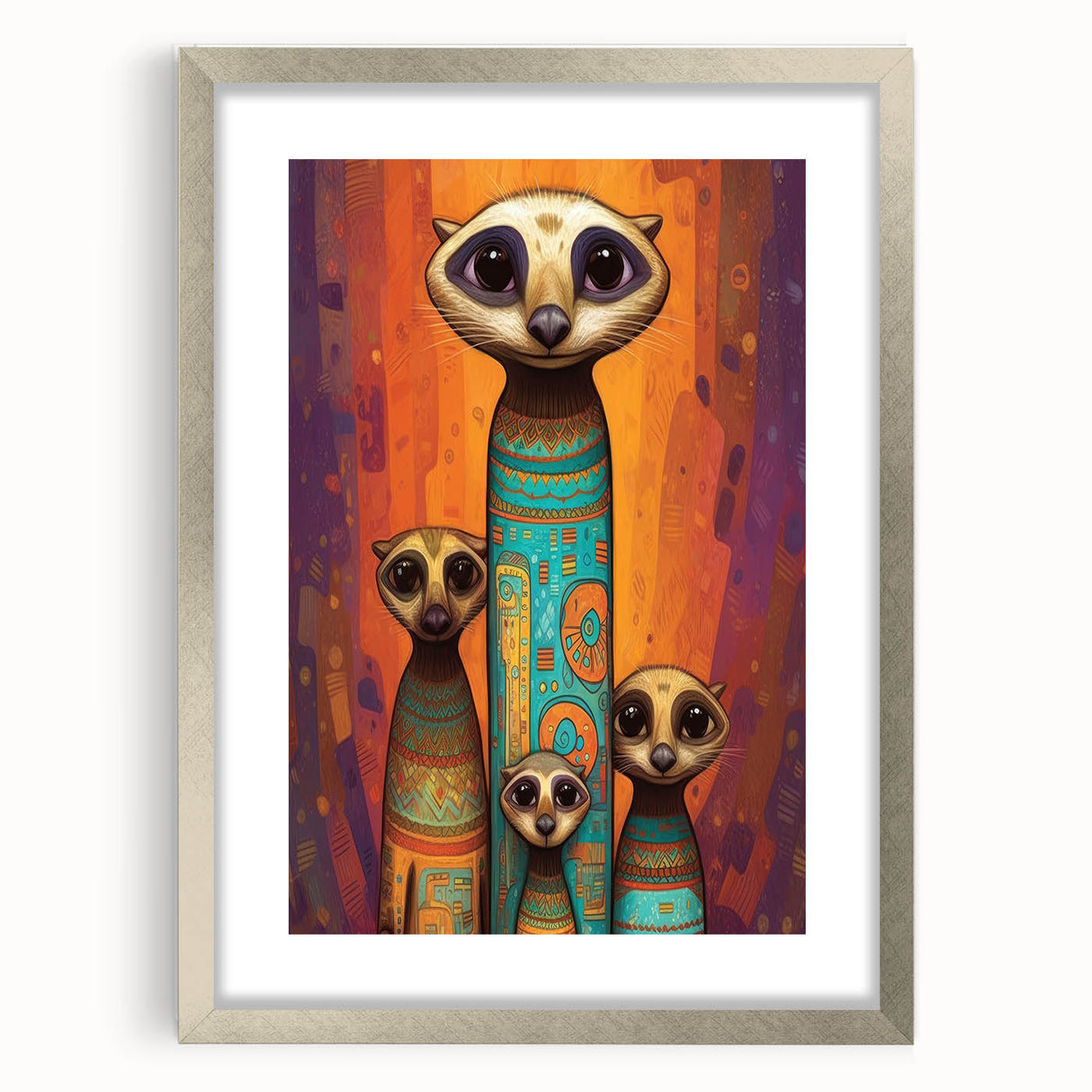 Silver frame with a mat showcasing a vibrant abstract artwork, viewed from the front, ideal for modern home decor or gallery displays, enhancing interior aesthetics.