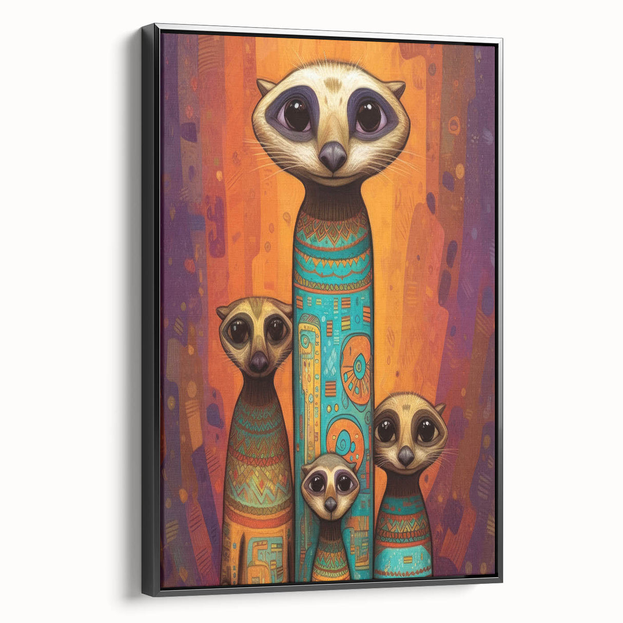 Framed canvas showcasing a modern abstract art piece with vibrant colors and dynamic shapes, displayed from a black side view for an elegant presentation.
